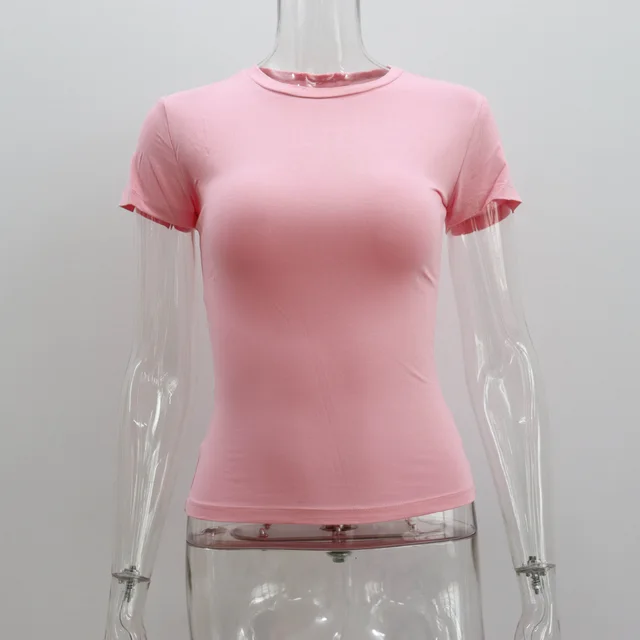 Basic Style Round Neck Short Sleeve Women's Tight Sexy Pink - Shop at LoveMi