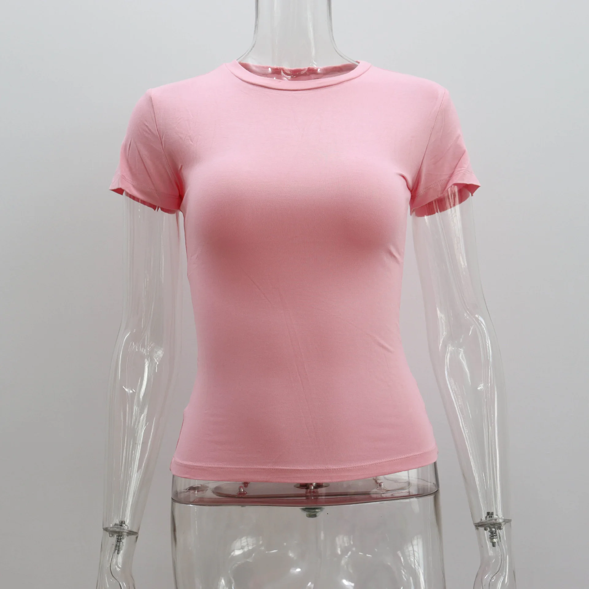 Basic Style Round Neck Short Sleeve Women's Tight Sexy - Pink