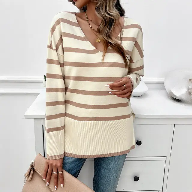 Women's Loose Contrast Color V neck Long Sleeve Sweater Beige Apricot - Shop at LoveMi