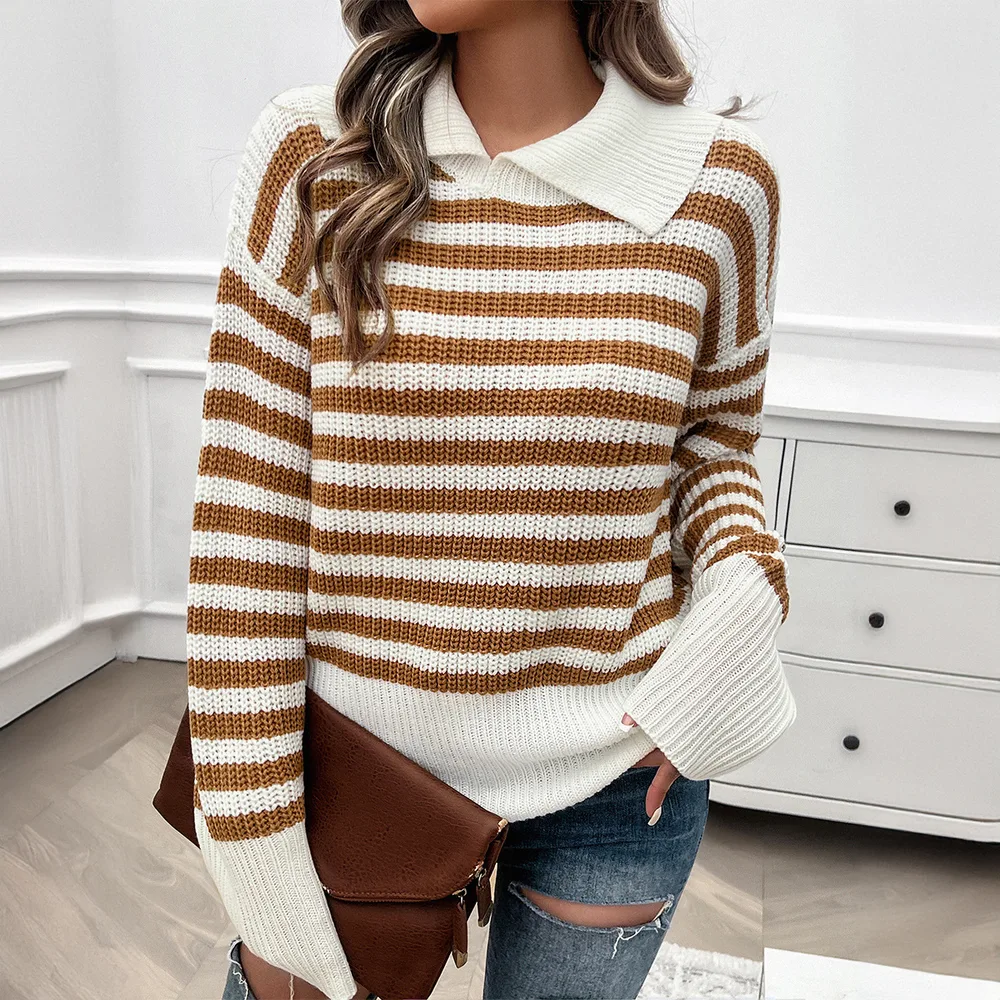 Top Women's Loose Lapels Striped Long Sleeve Camel - Shop at LoveMi