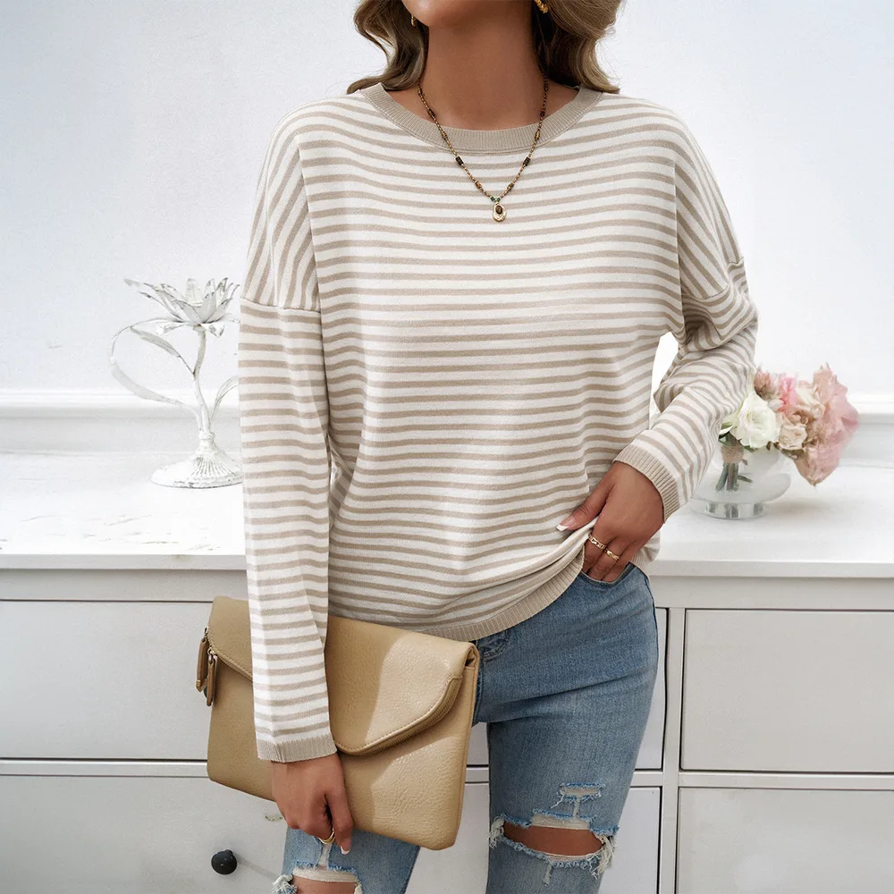 Fashion Women's Wear Round Neck Striped Sweater Apricot - Shop at LoveMi