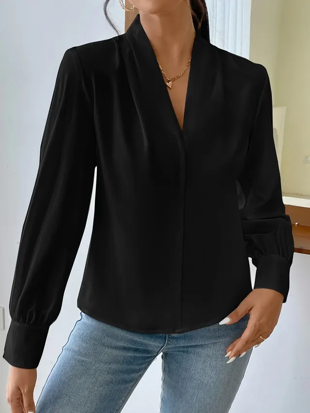 Long Sleeve Design Sense V neck Loose Top Black - Shop at LoveMi