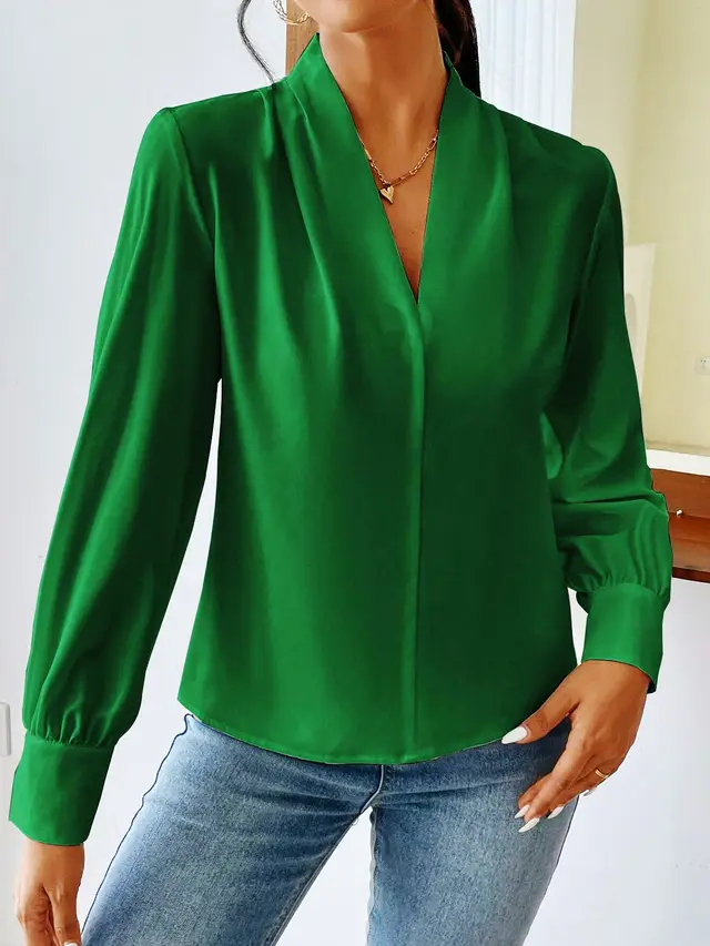 Long Sleeve Design Sense V neck Loose Top Green - Shop at LoveMi