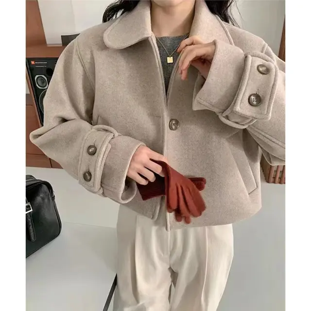 Retro Peter Pan Collar Single breasted Loose All match Solid Color Long sleeved Woolen Coat Brown - Shop at LoveMi
