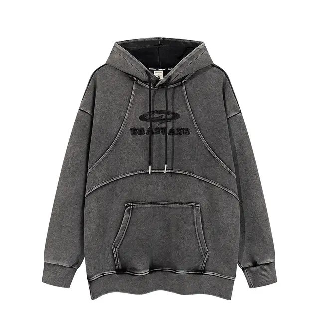 High Street American Retro Washed Patchwork Hoodie Tide Axe5625 Black - Shop at LoveMi