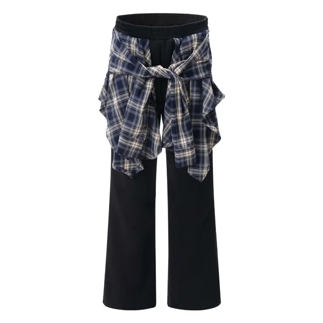 Patch Plaid Fart Curtain Pants Loose Wide leg Casual Pants Black - Shop at LoveMi