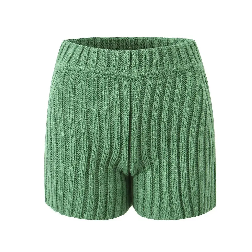 Women's Round Neck Texture Knitted Thickened Sweater Suit - Green Shorts A02 - View 1