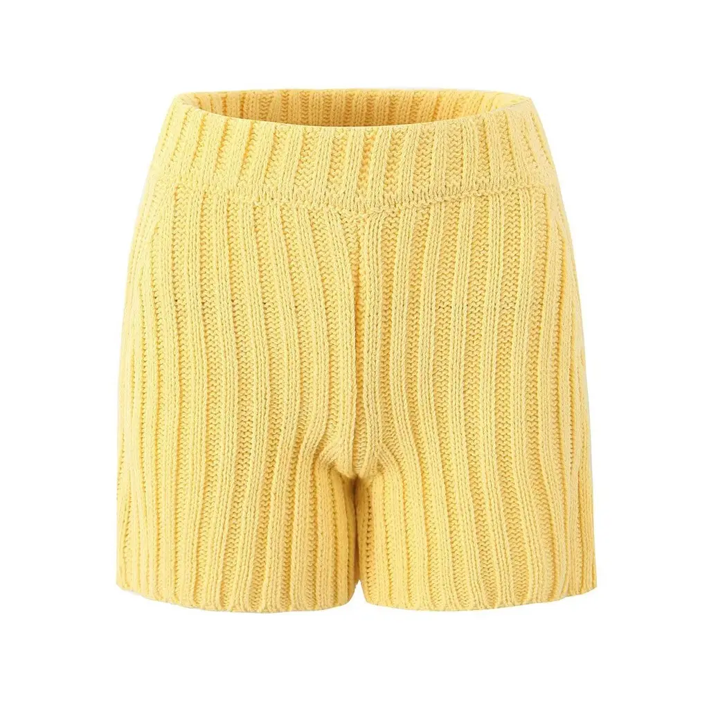 Women's Round Neck Texture Knitted Thickened Sweater Suit - Yellow Shorts A02 - View 1