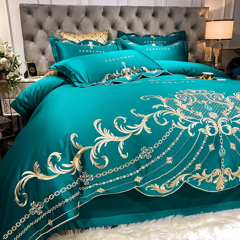 Four-piece Bed Sheet Cotton Ice Silk Quilt Cover - Dark Green