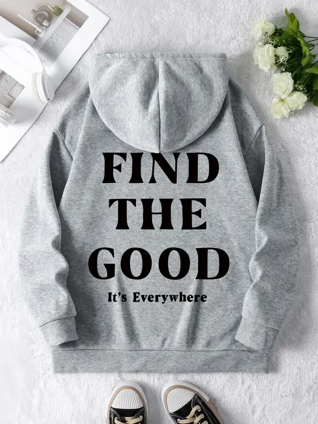 Brushed Hoody Plain Letter Printed Hoodie Gray - Shop at LoveMi
