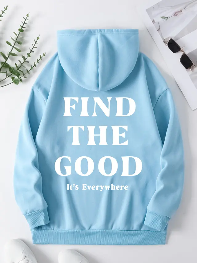 Brushed Hoody Plain Letter Printed Hoodie Light Blue - Shop at LoveMi