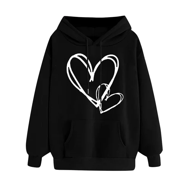 Women's Long sleeved Hooded Heart Printing Couple's Shirts Black - Shop at LoveMi