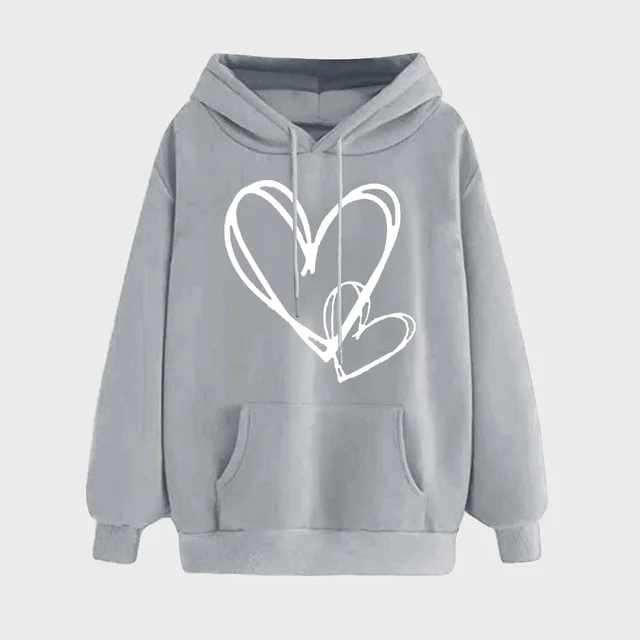 Women's Long sleeved Hooded Heart Printing Couple's Shirts Gray - Shop at LoveMi