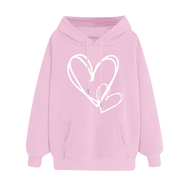 Women's Long sleeved Hooded Heart Printing Couple's Shirts Pink - Shop at LoveMi