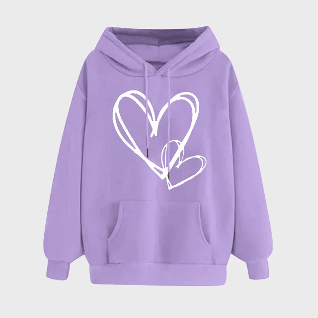 Women's Long sleeved Hooded Heart Printing Couple's Shirts Purple - Shop at LoveMi