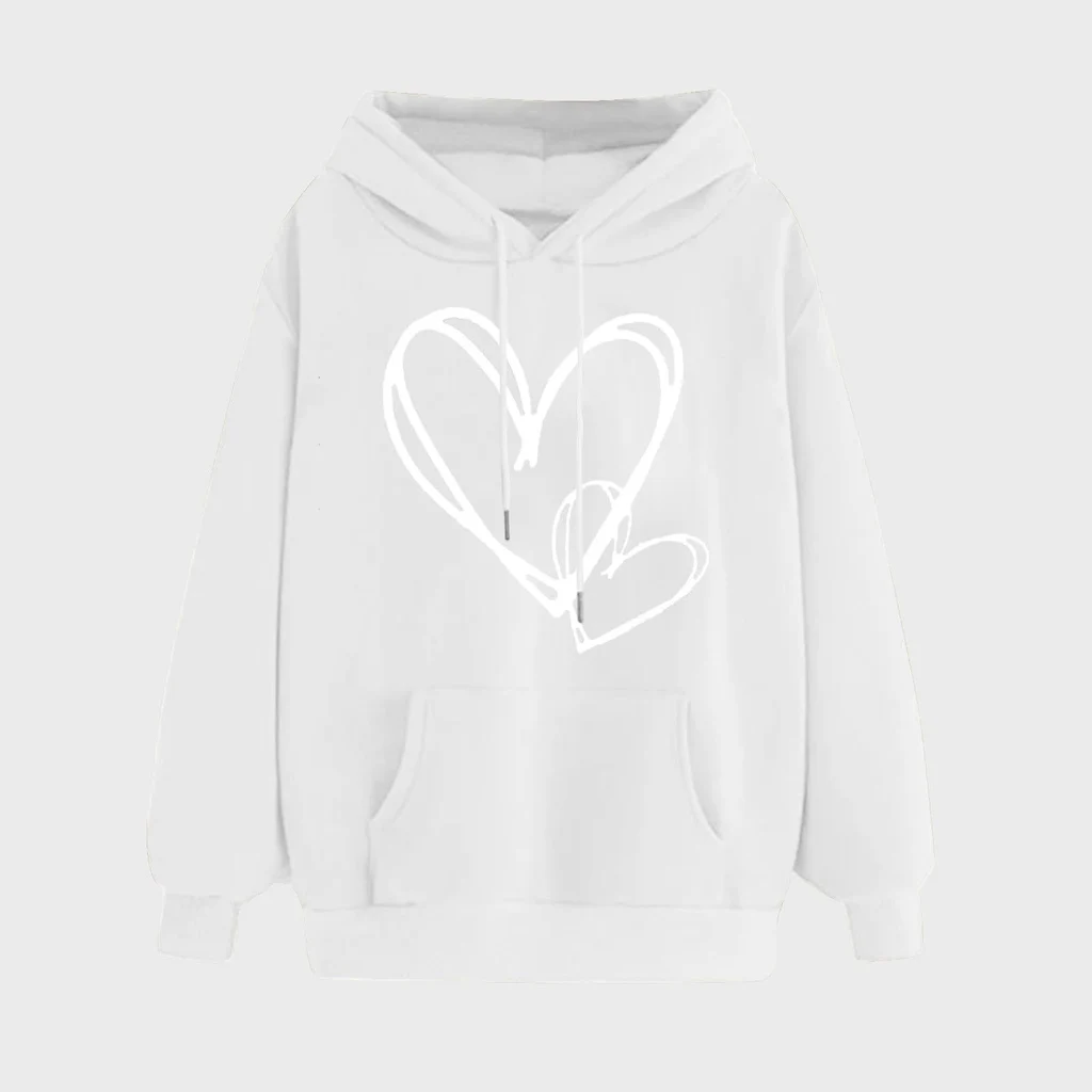 Women's Long-sleeved Hooded Heart Printing Couple's Shirts - White