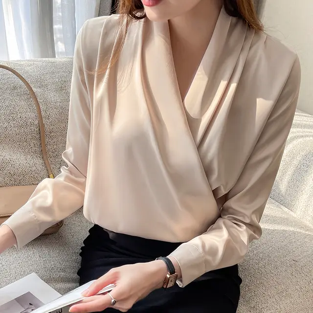 Business Shirt Niche Cross V neck Long Sleeve All match Satin Top Champagne - Shop at LoveMi
