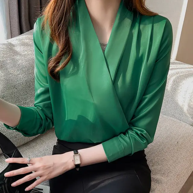 Business Shirt Niche Cross V neck Long Sleeve All match Satin Top Green - Shop at LoveMi