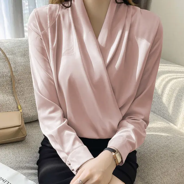 Business Shirt Niche Cross V neck Long Sleeve All match Satin Top Pink - Shop at LoveMi