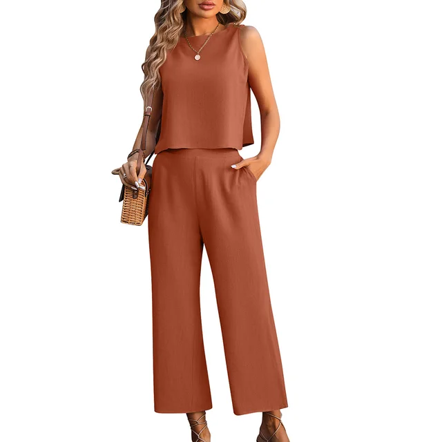 Sleeveless Vest Wide Leg Pants Casual Two piece Suit Orange - Shop at LoveMi