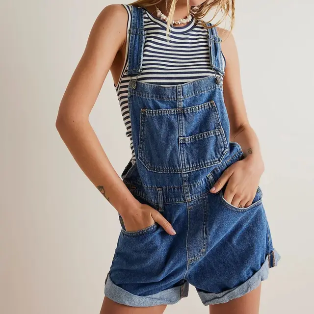 Loose Multi pocket Shoulder Strap Jeans Dark Blue - Shop at LoveMi