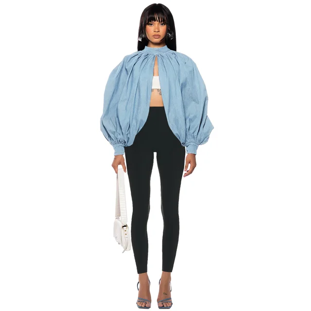 Fashion Denim Button Bat Sleeve Backless Cardigan Top Light Blue - Shop at LoveMi