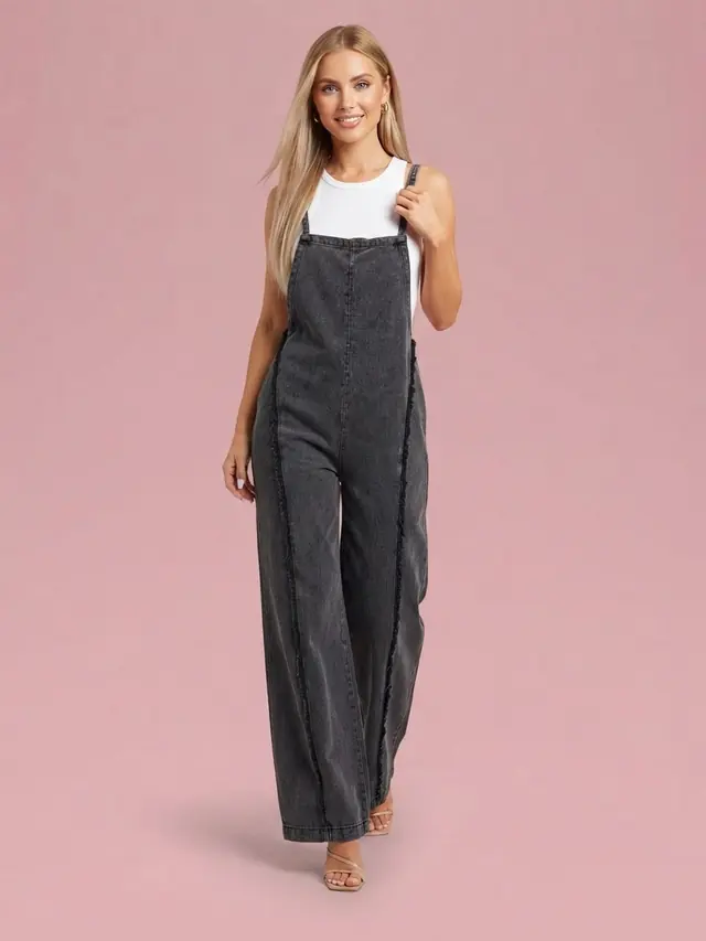 Washed Raw Hem Wide Leg Overalls Black - Shop at LoveMi
