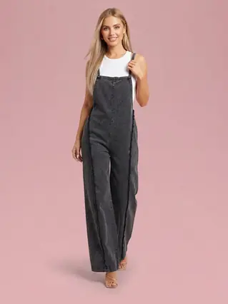 Washed Raw Hem Wide Leg Overalls