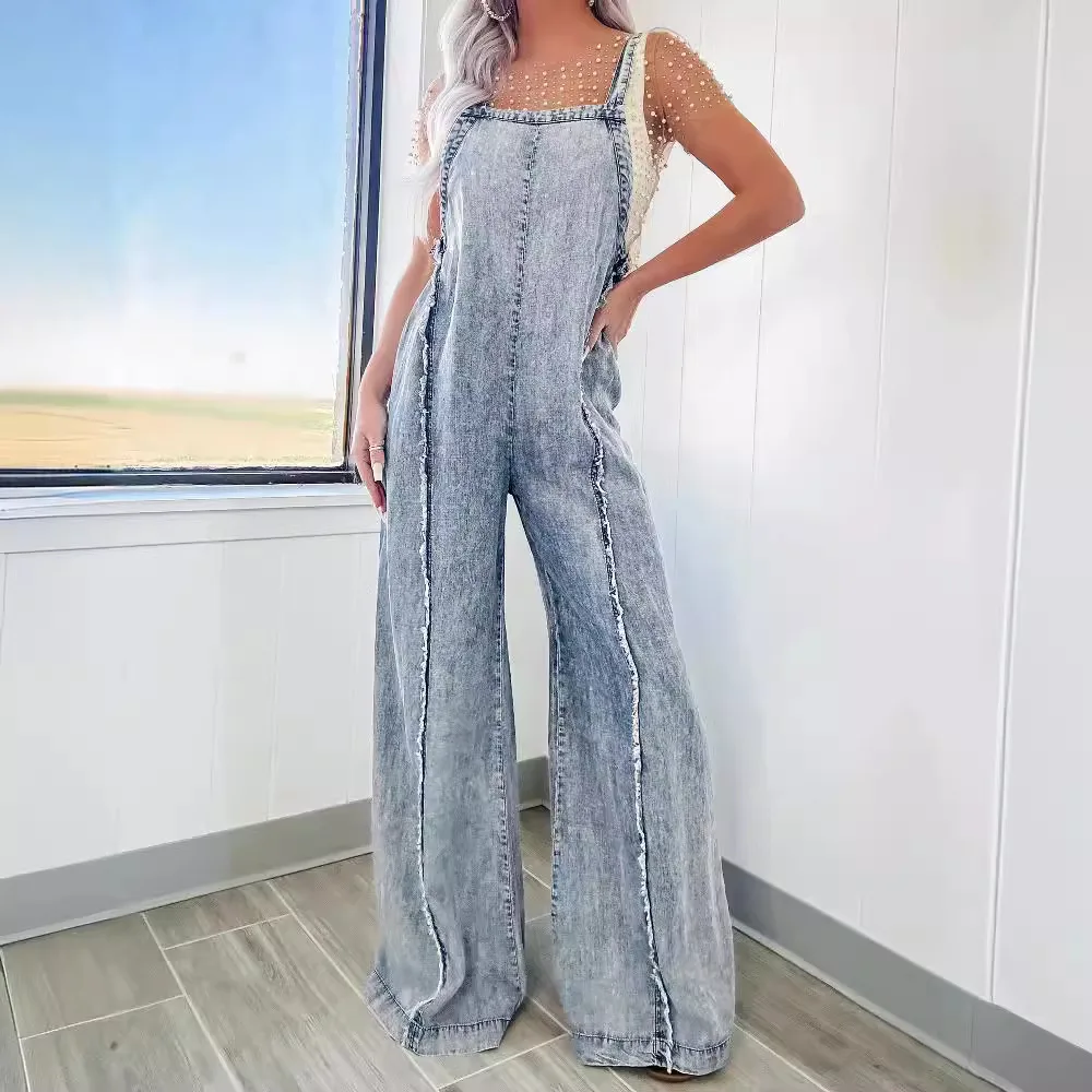 Retro Washed Raw Edge Denim Wide leg Suspender Jumpsuit Snowflake Color - Shop at LoveMi