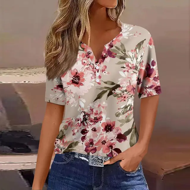 Women's Striped Gradient Flower Print Three button V neck Short Sleeve Jyq47101509 - Shop at LoveMi