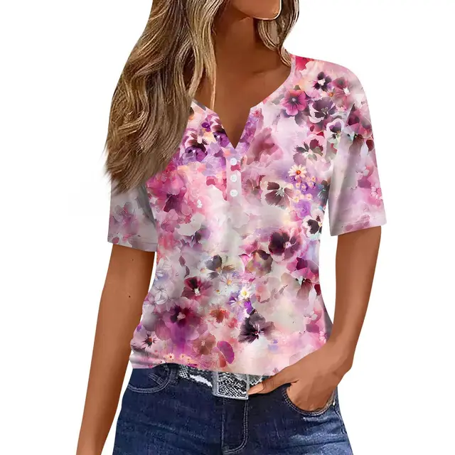 Women's Striped Gradient Flower Print Three button V neck Short Sleeve Jyq47101516 - Shop at LoveMi