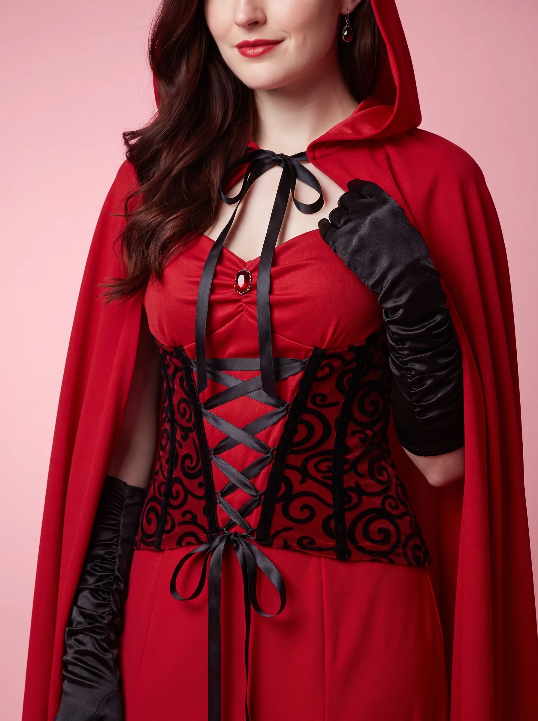 Red Riding Hood Costume Long Dress with Cape for Women - Dark Red - View 2