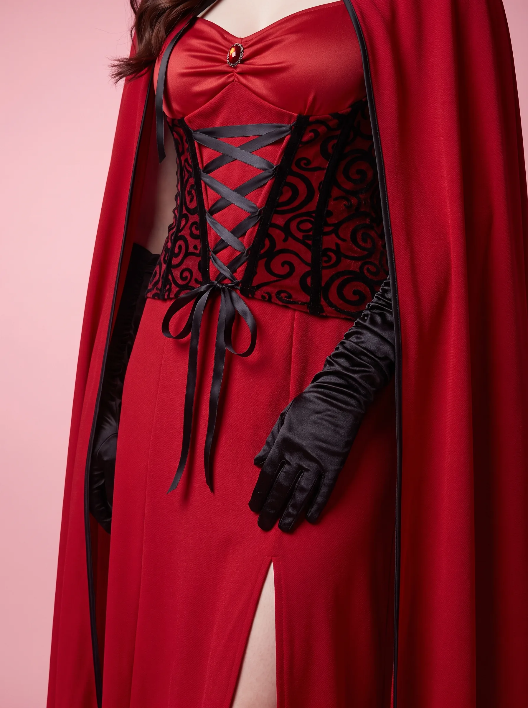 Red Riding Hood Costume Long Dress with Cape for Women - Dark Red - View 3