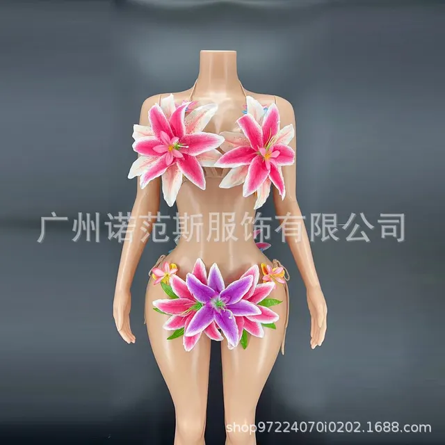 Artificial Flower Bikini Beach Holiday Party Catwalk Nightclub Bar Costume Stage Costume Pink - Shop at LoveMi