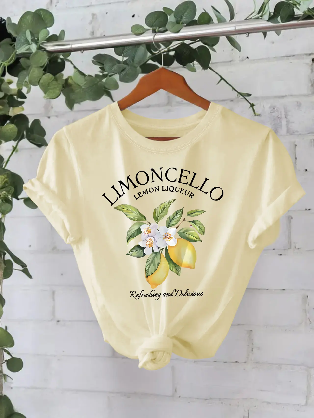 European And American Round Neck Lemon T-shirt For Women - Apricot