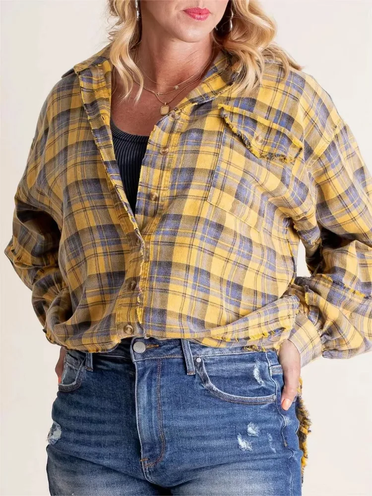 Autumn And Winter New Women's Tassel Long sleeved Top Loose Casual Plaid Shirt Coat Women Khaki - Shop at LoveMi
