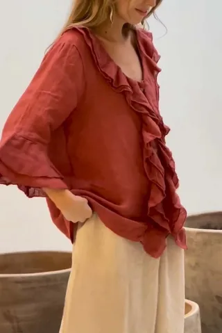 Fashion V-neck Ruffled Sleeve Ruffled Loose Casual - Red