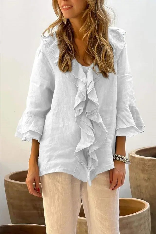 Fashion V neck Ruffled Sleeve Ruffled Loose Casual White - Shop at LoveMi