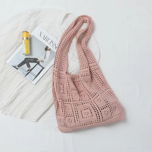 Mesh Hollow Out Simple Woven Bag Girls' Shoulder Bag Pink - Shop at LoveMi