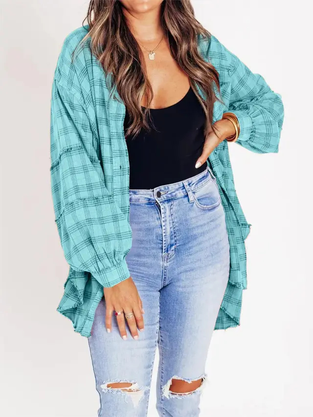 Tassel Long Sleeve Top Loose Casual Plaid Shirt Coat Peacock Blue - Shop at LoveMi