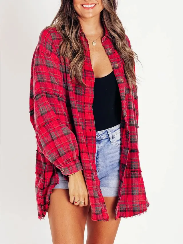 Tassel Long Sleeve Top Loose Casual Plaid Shirt Coat Red - Shop at LoveMi