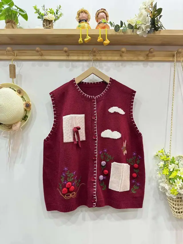 Embroidered Mori Style Mori Girl Retro Literary Cardigan Vest Red - Shop at LoveMi