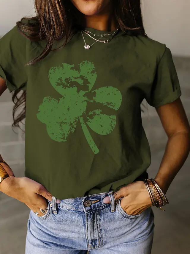 Fragment Clover Simple Short Sleeve Round Neck Women Army Green Color Picture - Shop at LoveMi