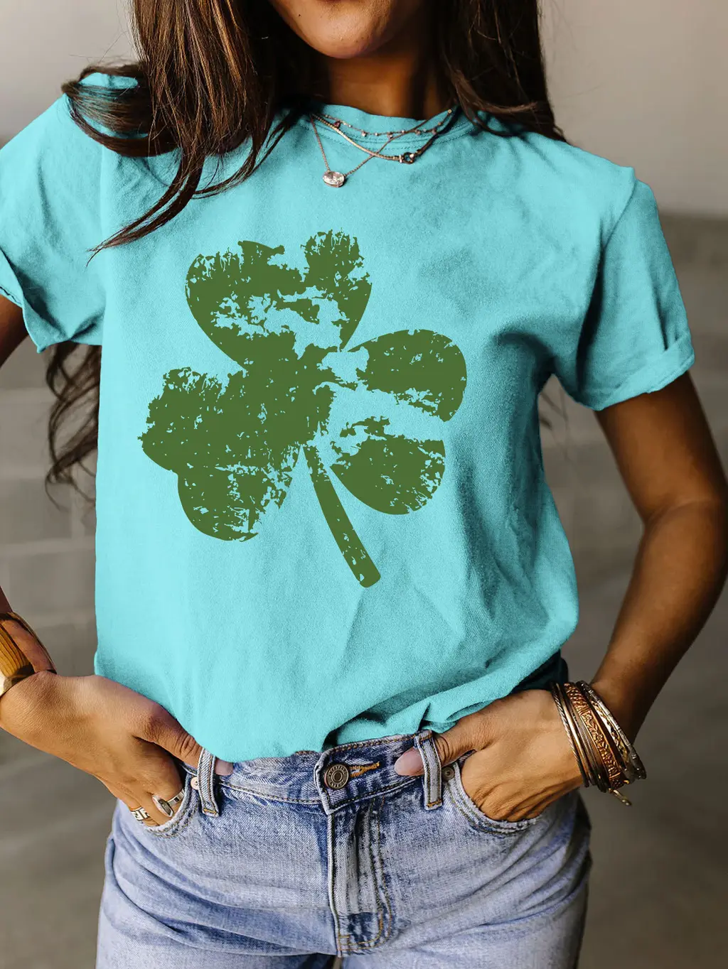 Fragment Clover Simple Short Sleeve Round Neck Women - Deep Water Blue Color Picture