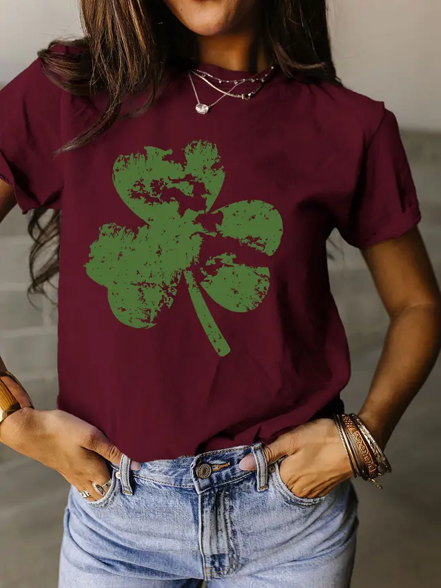 Fragment Clover Simple Short Sleeve Round Neck Women Wine Red Color Picture - Shop at LoveMi