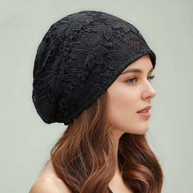 Lace Breathable Empty Flower Cover Gray Hair Pile Style Air Conditioning Cap Big Black Flower - Shop at LoveMi