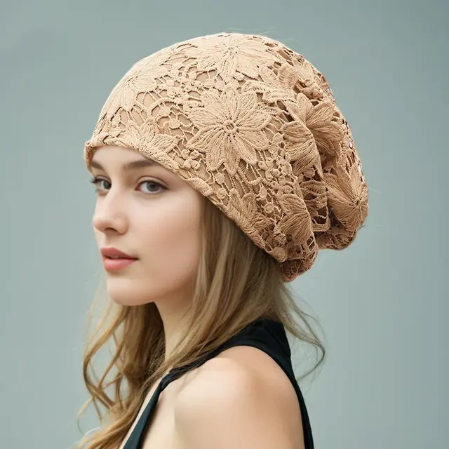 Lace Breathable Empty Flower Cover Gray Hair Pile Style Air Conditioning Cap Khaki Big Flower - Shop at LoveMi