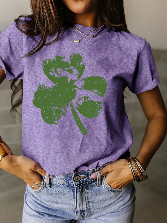 Fragment Clover Simple Short Sleeve Round Neck Women Purple - Shop at LoveMi