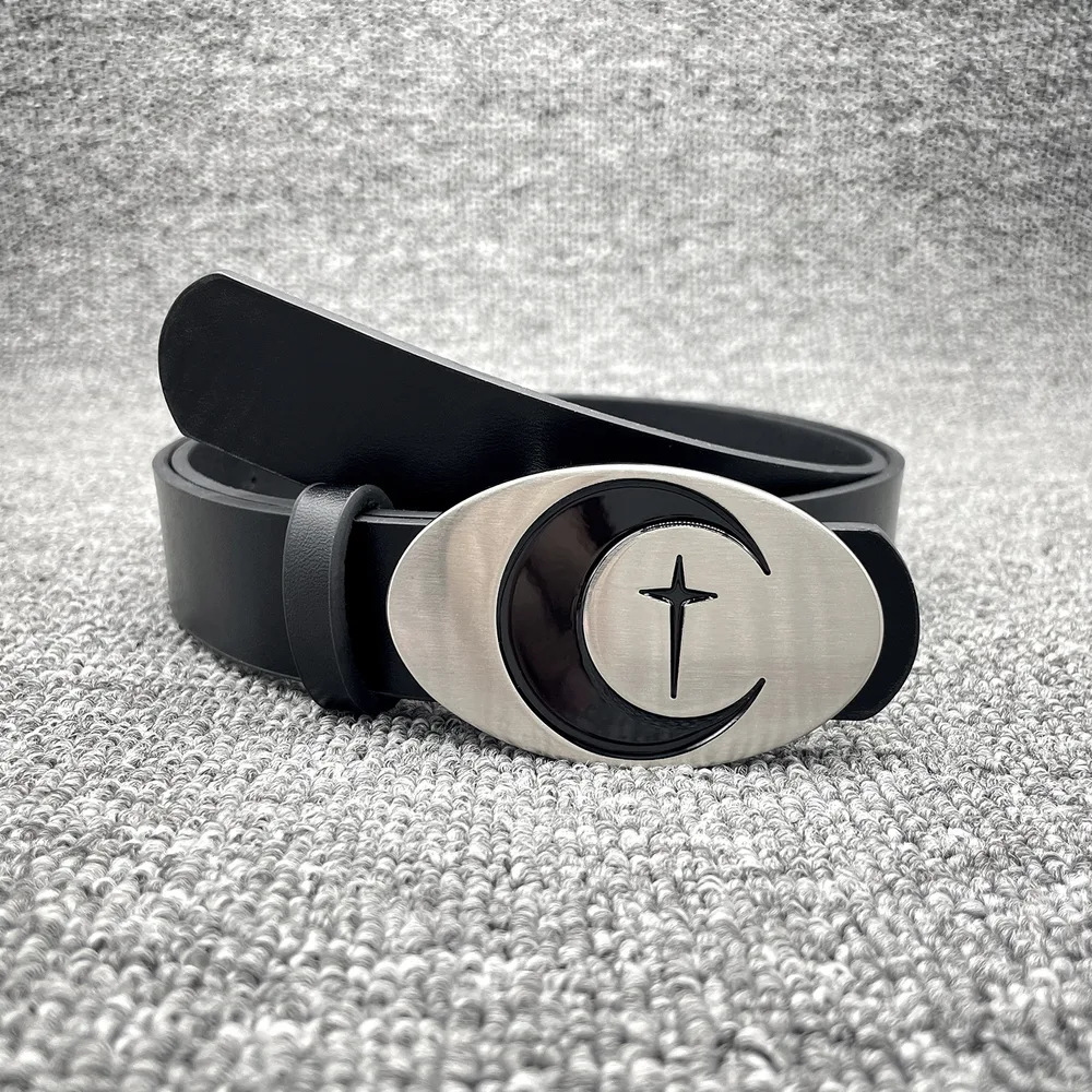 Personalized Distressed Metal Oval Moon Snap Button Decoration Belt - Oval Moon Belt