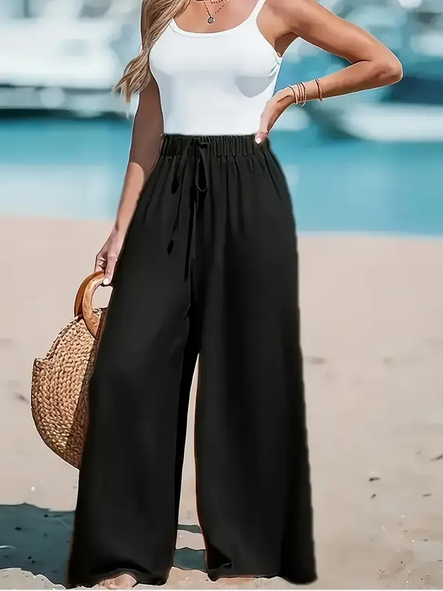Women's Fashion Fake Drawstring Loose Casual Wide leg Trousers Black - Shop at LoveMi